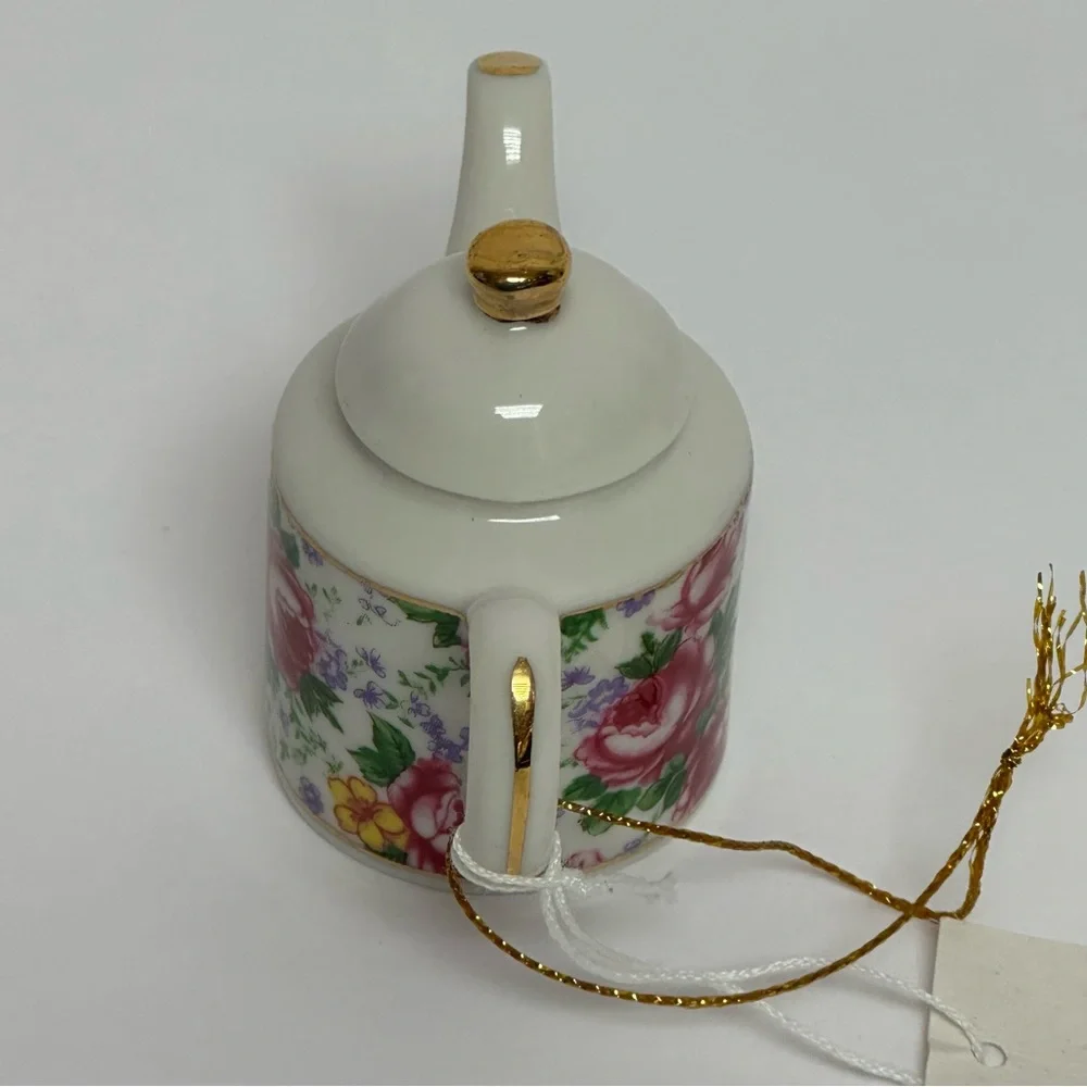 Mini Tea Pot 3” Decorative Floral Design Gold Trim Cottage Core